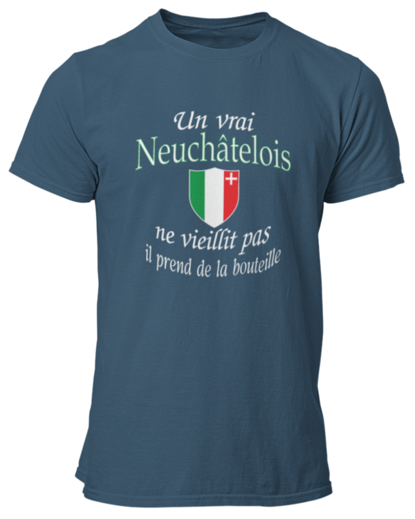 T-shirt Un vrai Neuchâtelois ne vieillit pas il prend de la bouteille
